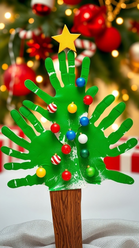 Christmas Tree Handprint Craft A handprint Christmas tree craft decorated with colorful ornaments on a festive background.